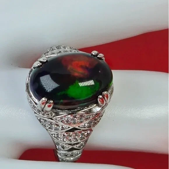 925 Sterling Silver Ring SZ 6.5 with Natural Black Opal & Cz